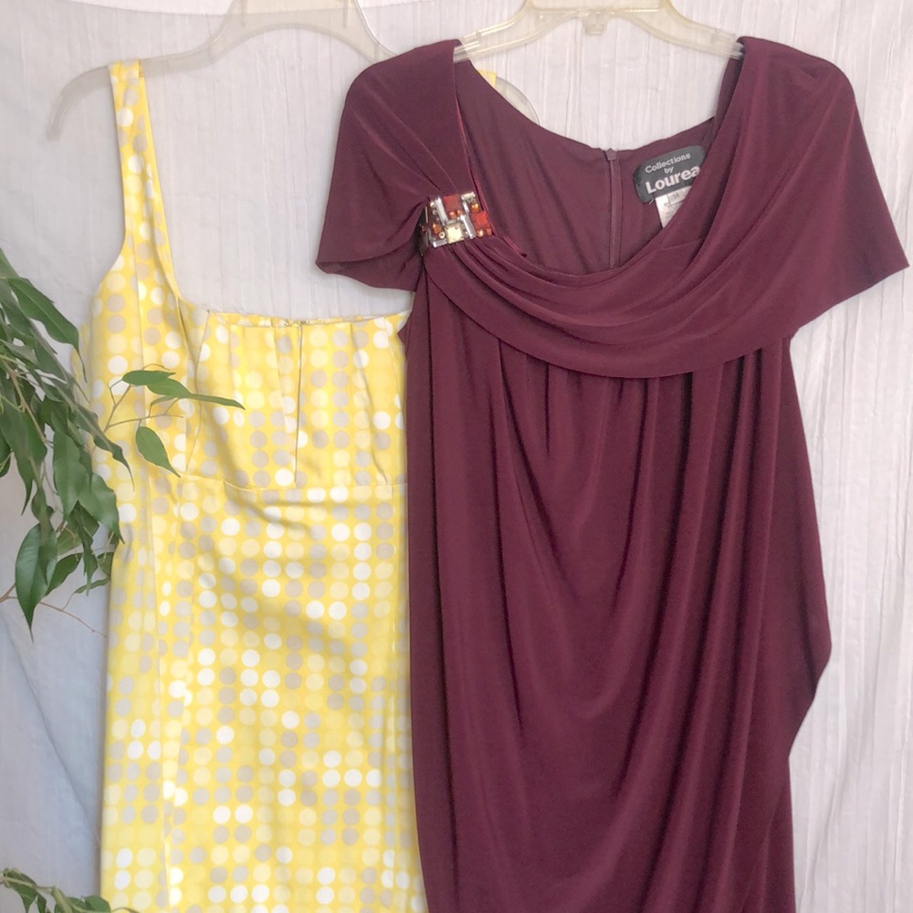 CALVIN KLEIN & LOUREA SIZE 14/L yellow polka dot & cranberry wrap dress